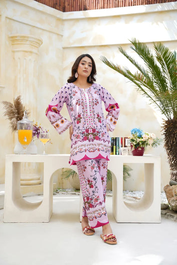 Lilac Printed Co-Ord Set – Women’s 2 Piece Slub Cambric Palazzo Outfit