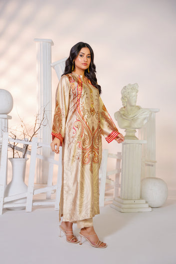 Ivory Shamoze Silk 3 Piece Suit – Women’s Printed Kurta Set with Dupatta by Libas