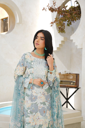 Seafoam Floral Raw Silk Kurta Set – Women’s 3 Piece