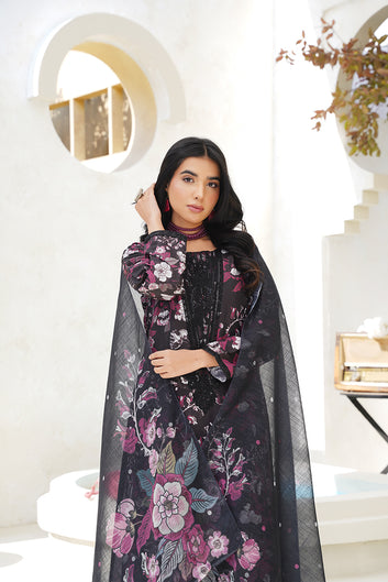 Black Floral Raw Silk Kurta Set – Women’s 3 Piece with Dupatta