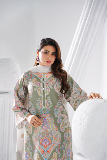 Pastel Sage Green Slub Weave Kurta Set – Women's Printed 3 Piece Suit