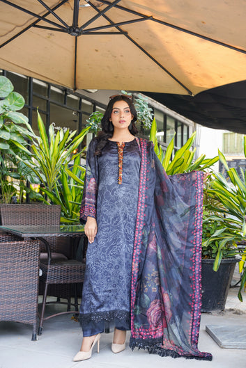 Charcoal Black Shamoze Silk Kurta Set – Women’s 3 Piece Printed Suit