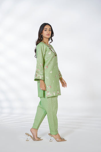 Light Green Cotton Jacquard Co-Ord Set – Women’s 2 Piece Embroidered Suit