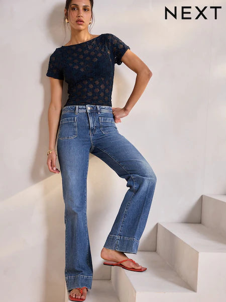 Dark Blue Patch Pocket Wide Leg Jeans