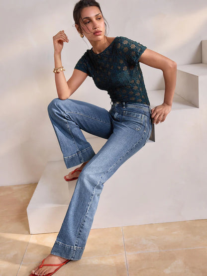 Dark Blue Patch Pocket Wide Leg Jeans