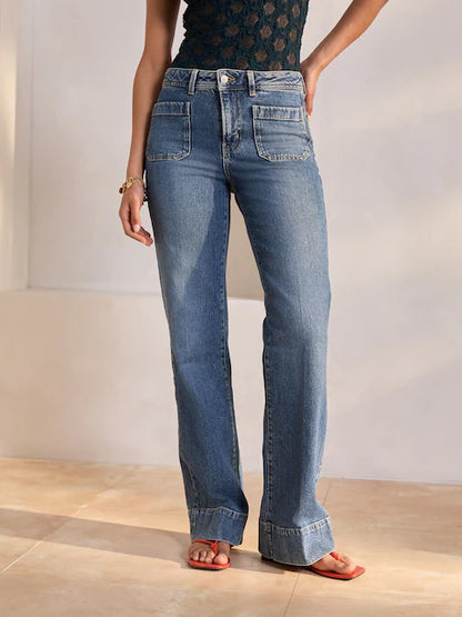 Dark Blue Patch Pocket Wide Leg Jeans