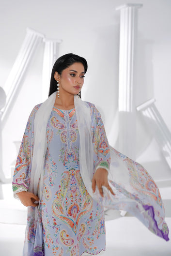 Ice Blue Slub Weave 3 Piece Suit – Women's Printed Kurta Set with Dupatta by Libas